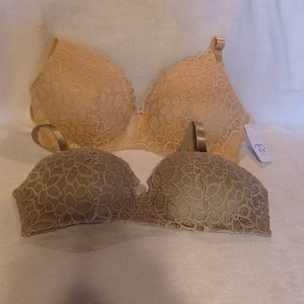 Elegant Lace Women's Bra Set - Tan and Gray Wire-free 38D